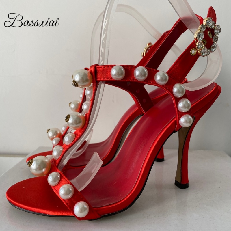 Sandal Strappy Heeled - لؤلؤة حبة ديكور T-حزام خنجر كعب