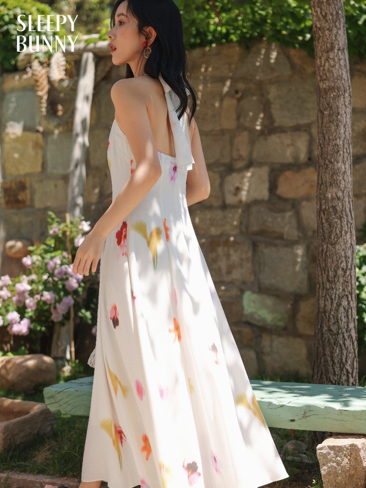 Midi Skirt Floral - فستان نسائي ميدي بياقة رسن بنمط