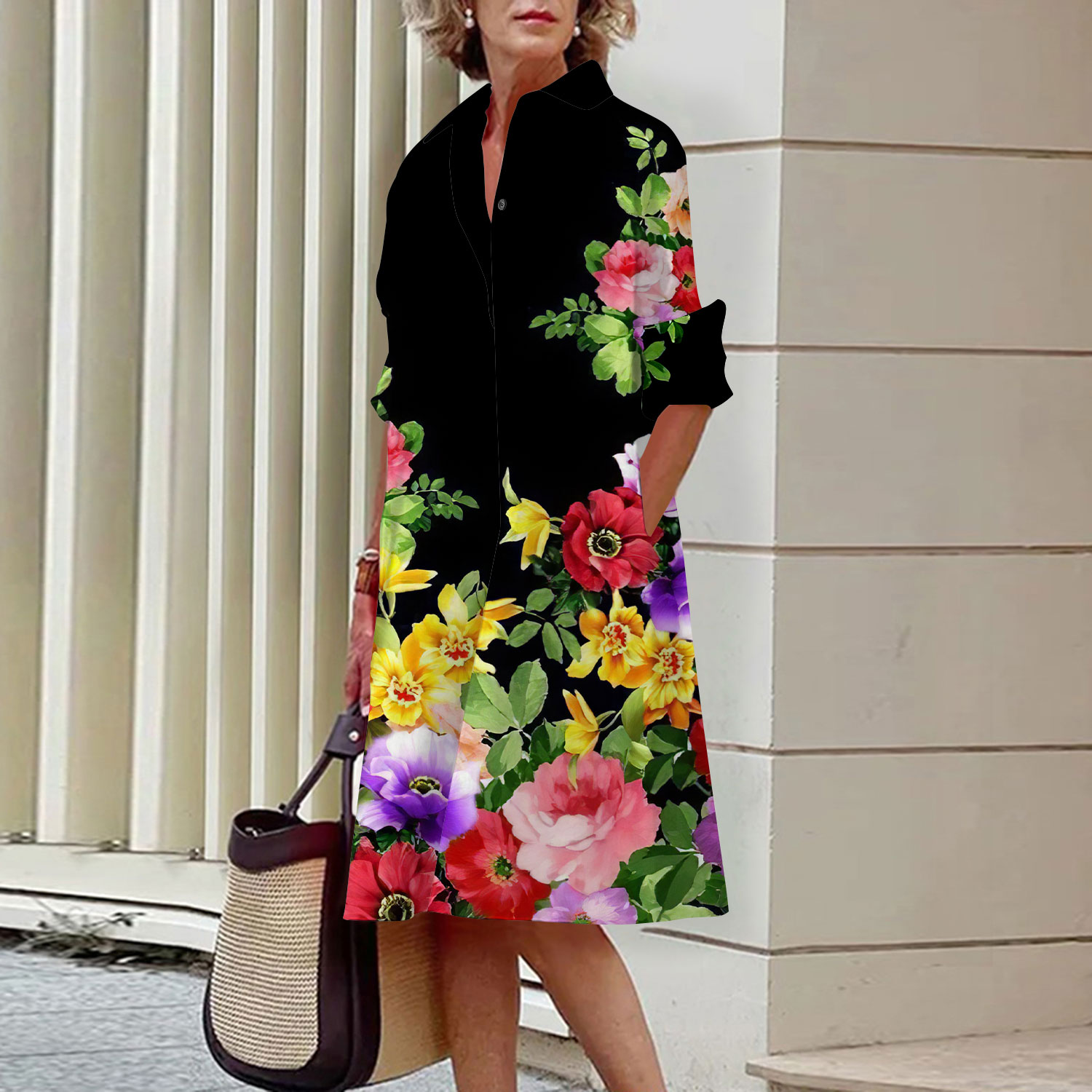 Midi Skirt Floral - فستان قميص بنمط الأزهار أنيق للنساء