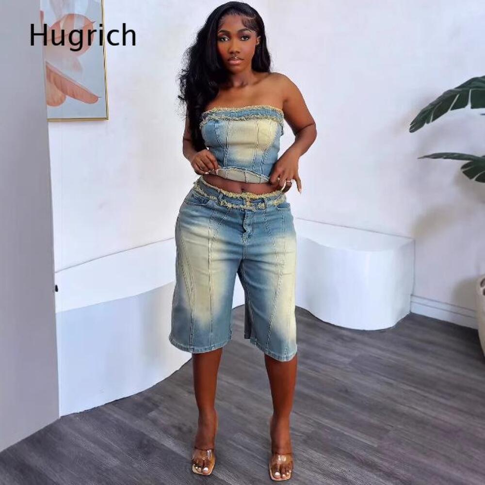 طقم نسائي: توب قصير بدون حمالا - مراجعة Shorts Denim Frayed وسعره